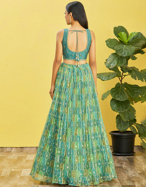 Rama Green Slub Silk Lehenga Choli Back View