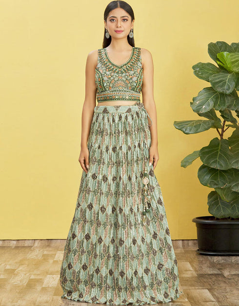 Green Slub Silk Lehenga Choli Closure View