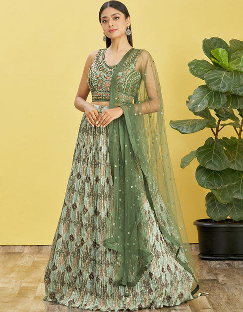 Green Slub Silk Lehenga Choli