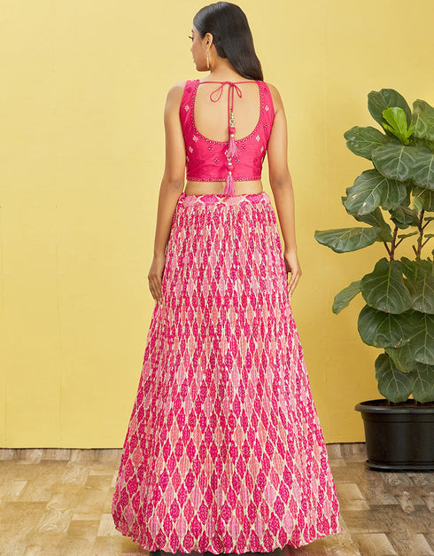 Pink Slub Silk Lehenga Choli Back View