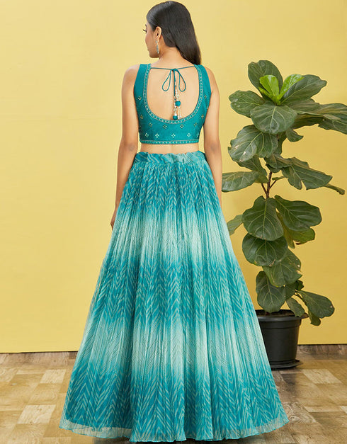 Blue Slub Silk Lehenga Choli Back View