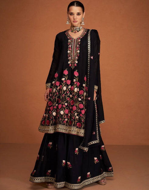 Black Premium Chinon Silk Palazzo Suit