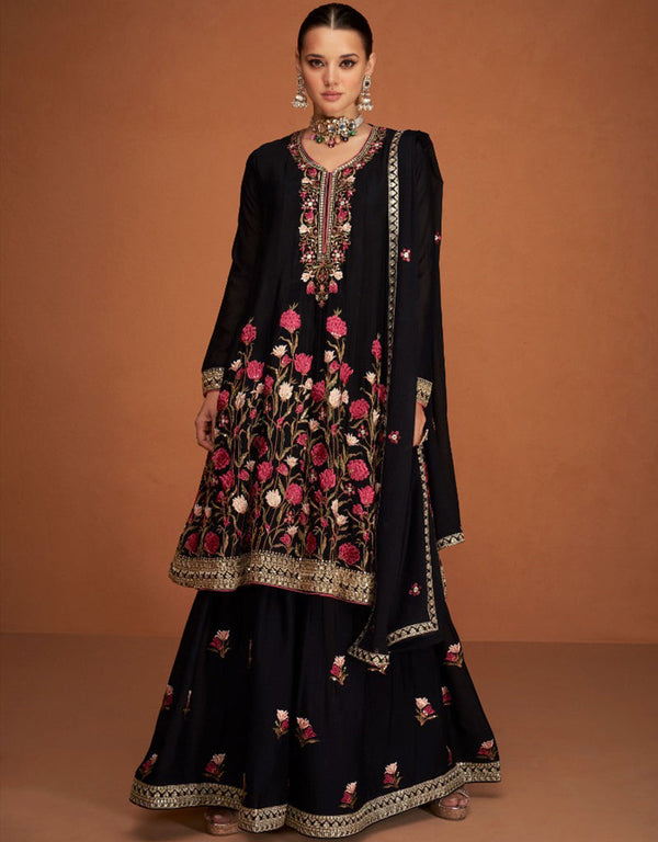Black Premium Chinon Silk Palazzo Suit