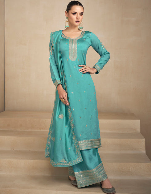 Blue Premium Silk Palazzo Straight Closure View