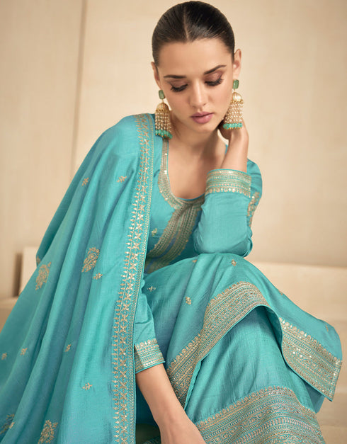 Blue Premium Silk Palazzo Straight Salwar Kameez