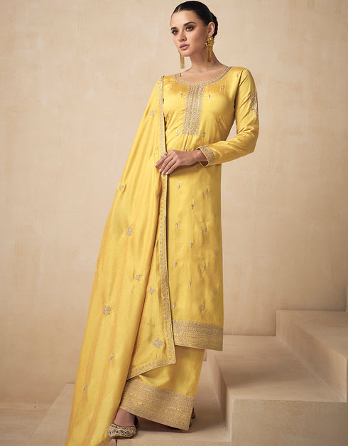 Yellow Premium Silk Palazzo Straight Closure View