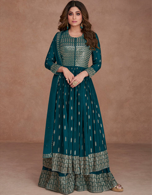 Teal Real Georgette Palazzo Straight
