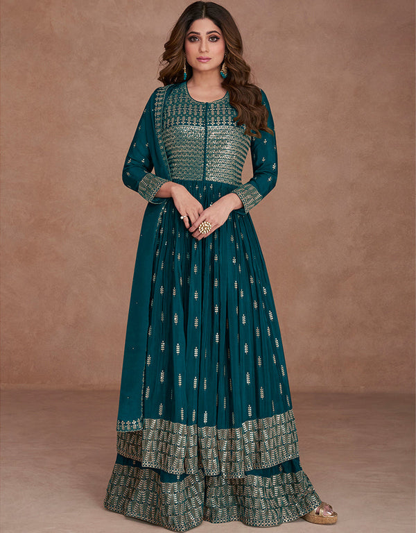 Teal Real Georgette Palazzo Straight