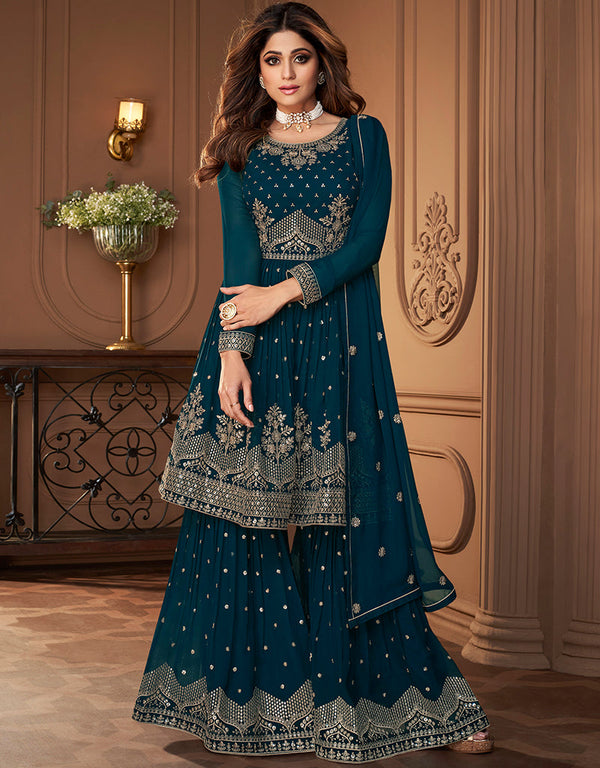 Teal Real Georgette Sharara Suit