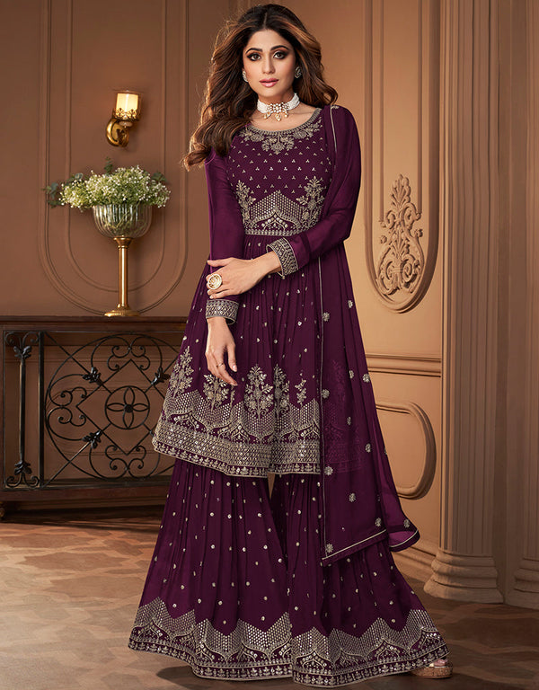 Wine Real Georgette Sharara Suit