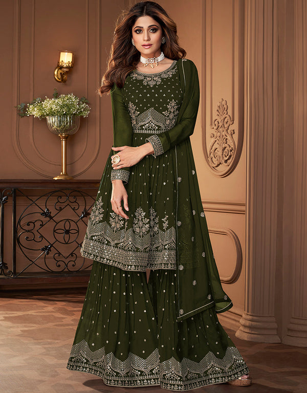 Mehendi Green Real Georgette Sharara Suit
