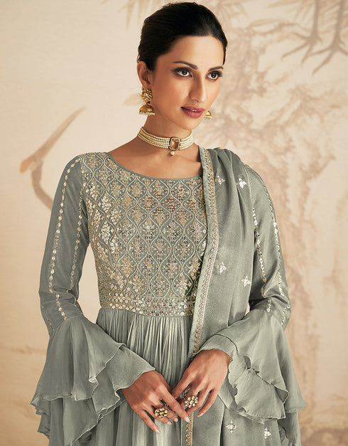 Grey Chinon Silk Palazzo Suit Closure View