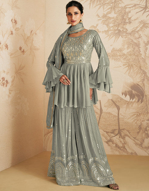 Grey Chinon Silk Palazzo Suit