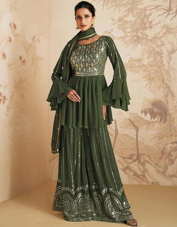 Mahendi Green Chinon Silk Palazzo Suit