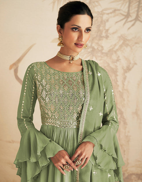 Pista Green Chinon Silk Palazzo Suit Closure View
