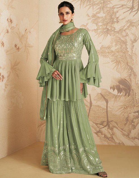 Pista Green Chinon Silk Palazzo Suit
