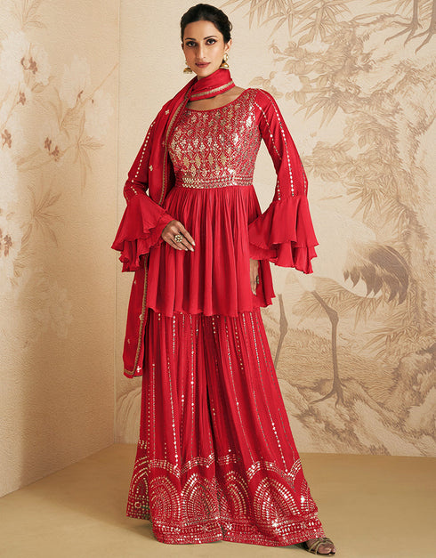 Red Chinon Silk Palazzo Suit