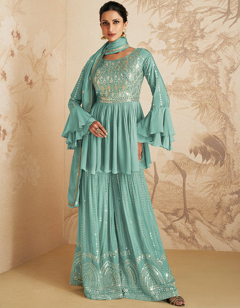 Sky Chinon Silk Palazzo Suit