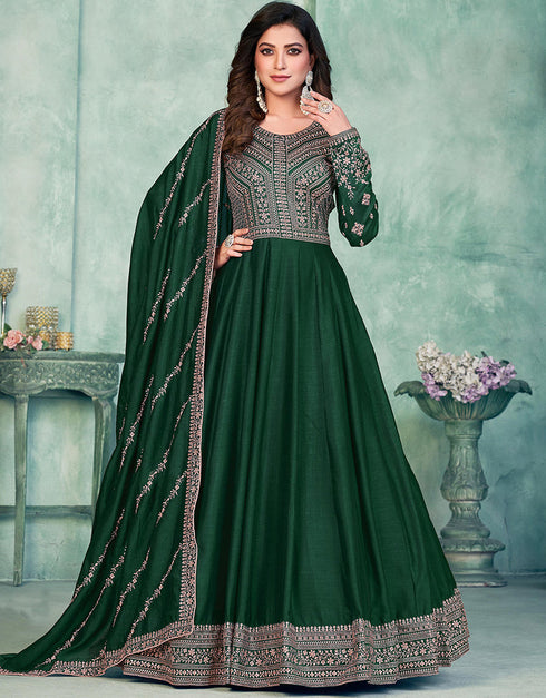Green Art Silk Pant Anarkali Closure View