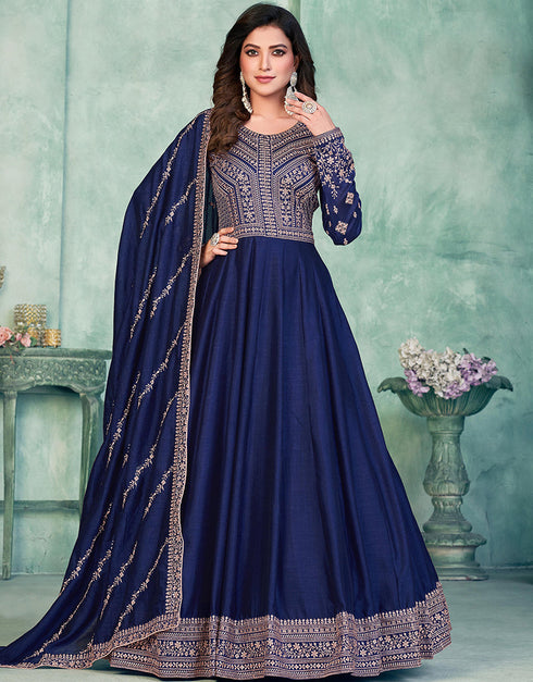 Blue Art Silk Pant Anarkali Closure View