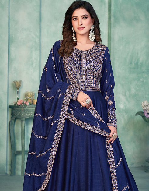 Blue Art Silk Pant Anarkali Salwar Kameez