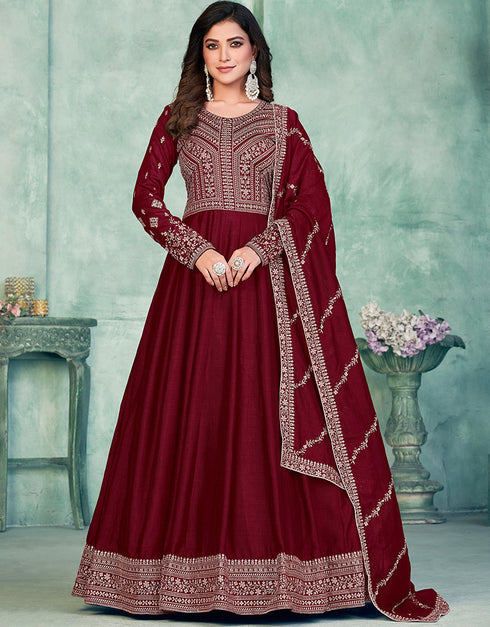 Maroon Art Silk Pant Anarkali Closure View