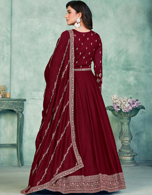 Maroon Art Silk Pant Anarkali Back View