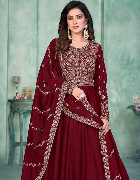 Maroon Art Silk Pant Anarkali Salwar Kameez