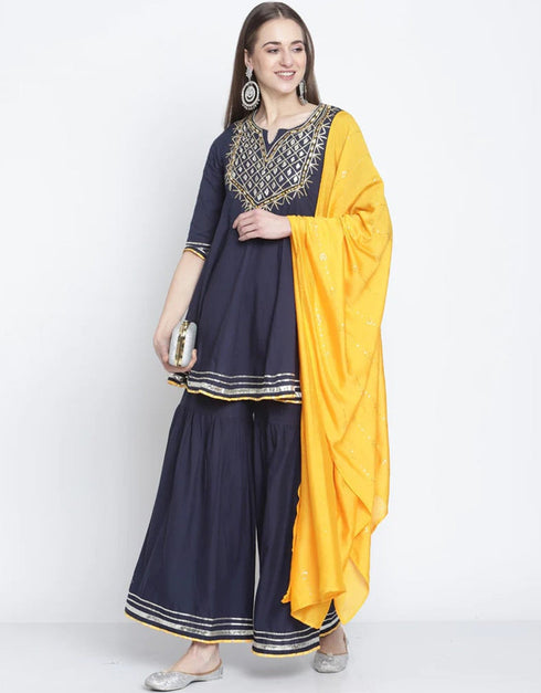 Navy Blue Cotton Sharara Suit Closure View