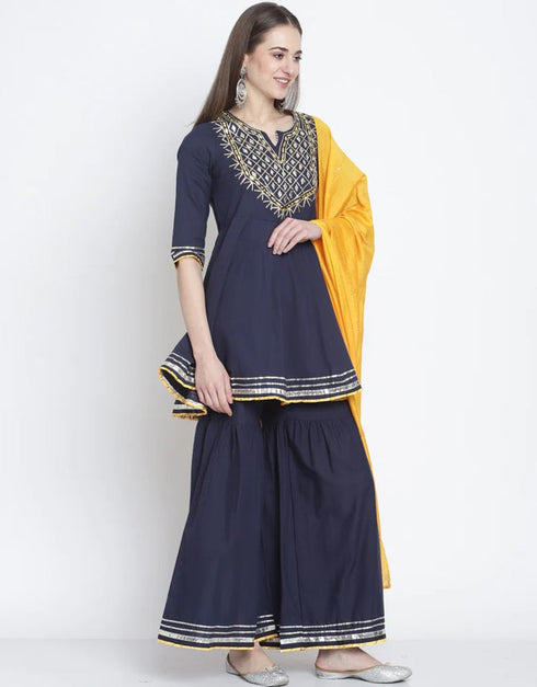 Navy Blue Cotton Sharara Suit Salwar Kameez