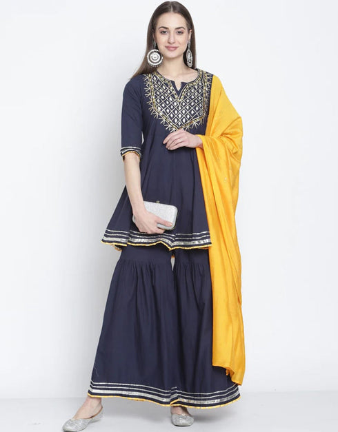Navy Blue Cotton Sharara Suit