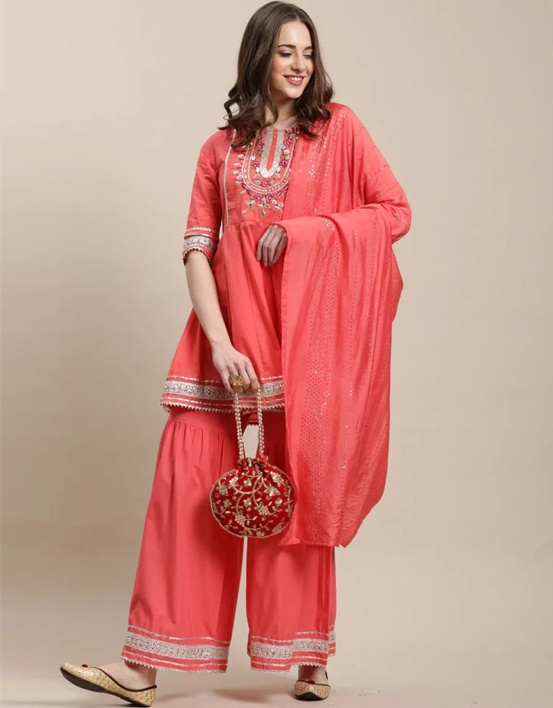 Peach Traditional Designer Semi-Stitched Sharara Suit With Embroidery Sequence Work main image 1