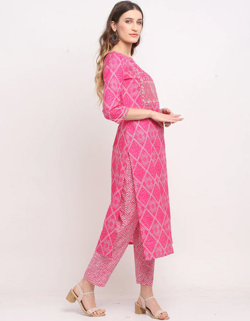 Pink & White Cotton Pant Straight Salwar Kameez