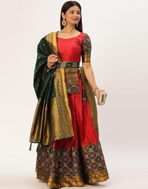 Red Tafeta Silk Lehenga Choli Closure View
