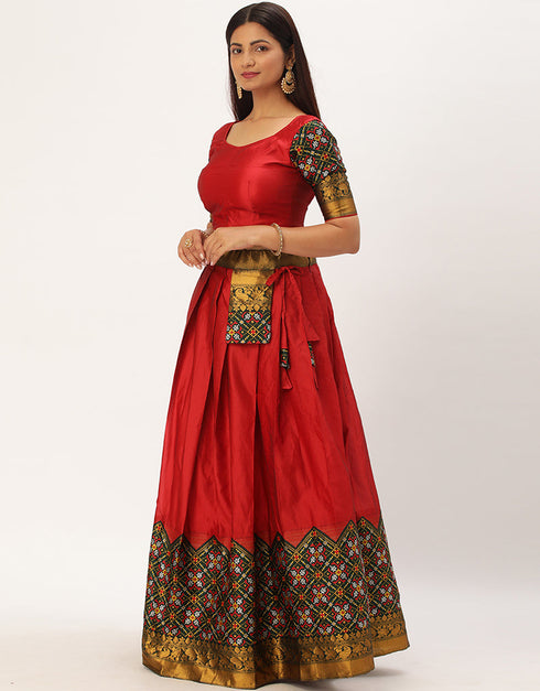 Red Tafeta Silk Lehenga Choli Back View