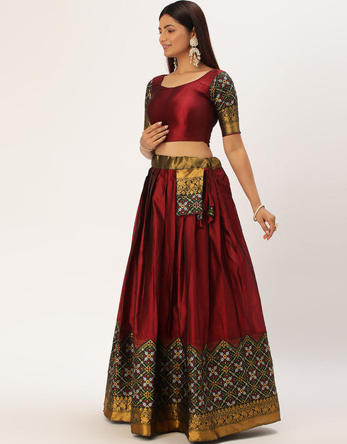Maroon Tafeta Silk Lehenga Choli Back View
