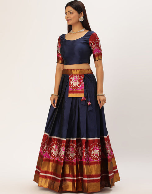 Navy Blue Tafeta Silk Lehenga Choli Back View
