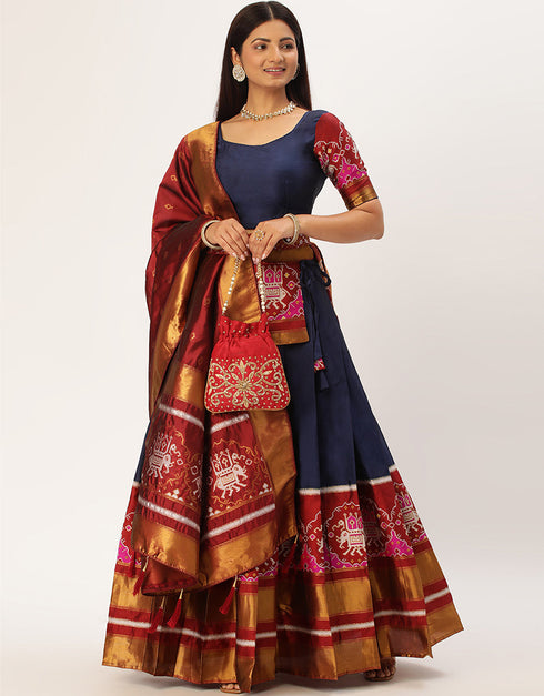 Navy Blue Tafeta Silk Lehenga Choli
