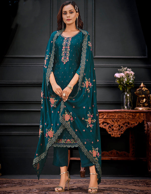 Teal Green Georgette Pant Straight