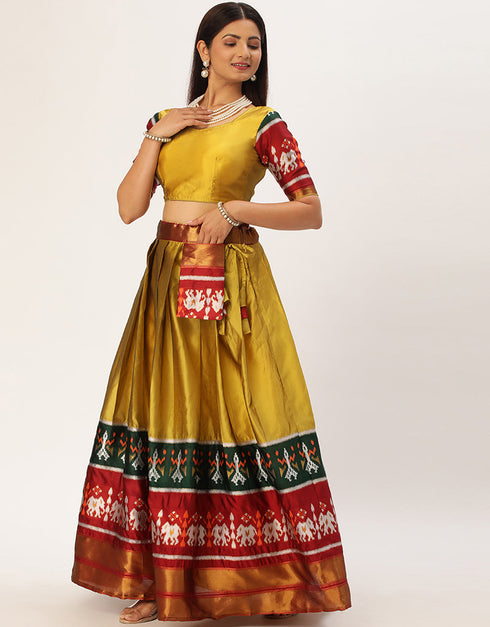 Yellow Tafeta Silk Lehenga Choli Back View