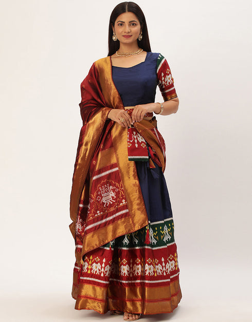Navy Blue Tafeta Silk Lehenga Choli Closure View