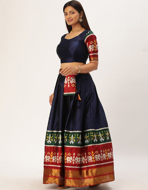 Navy Blue Tafeta Silk Lehenga Choli Back View