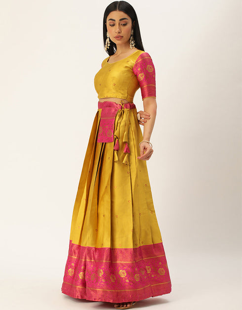 Yellow Tafeta Silk Lehenga Choli Closure View