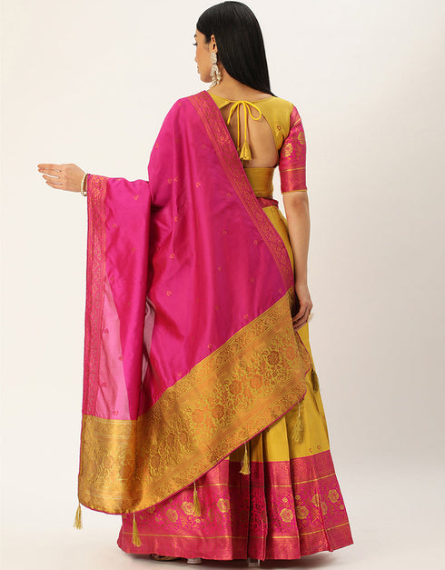 Yellow Tafeta Silk Lehenga Choli Back View