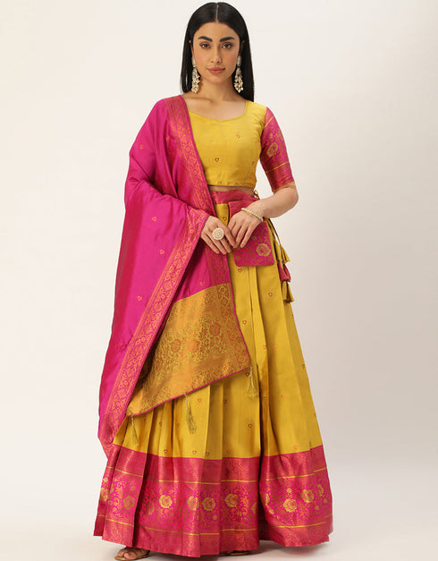 Yellow Tafeta Silk Lehenga Choli