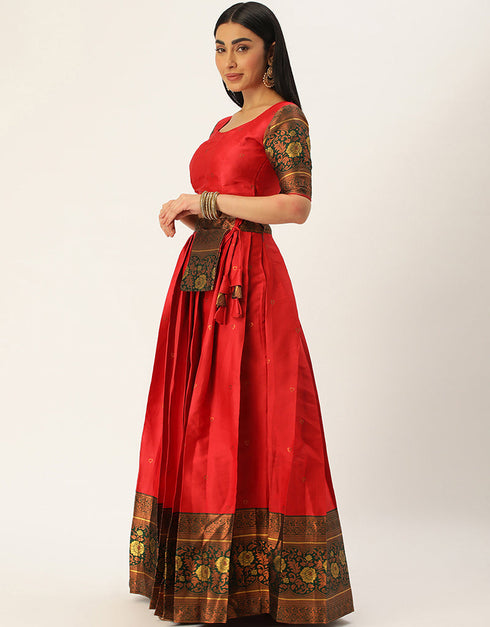 Tamota Red Tafeta Silk Lehenga Choli Back View