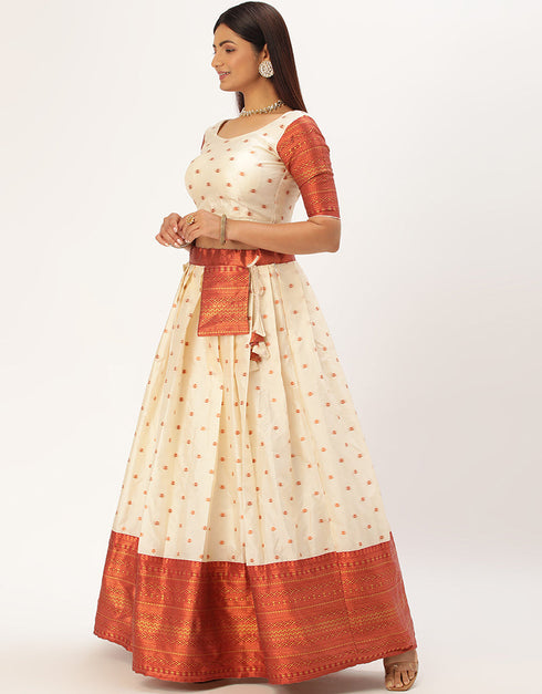 Cream Lichi Silk Lehenga Choli Back View