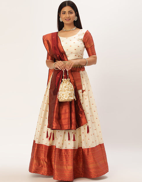 Cream Lichi Silk Lehenga Choli