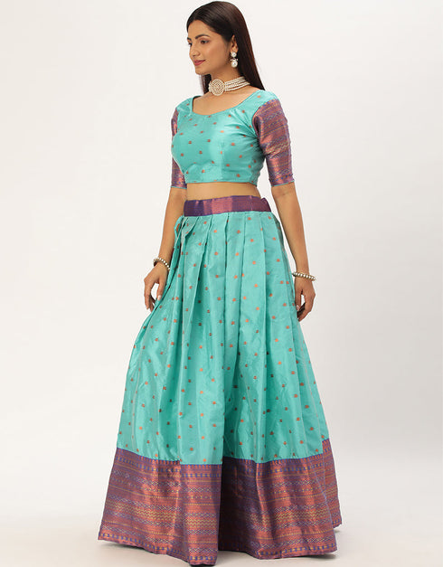 Rama Blue Lichi Silk Lehenga Choli Back View