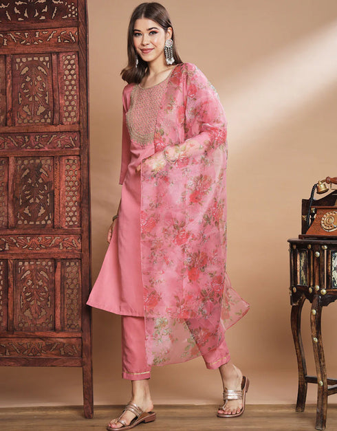 Traditional Function Wear Readymade Silk Blend Salwar Suit Pink Silk Blend Pant Straight Close-up View